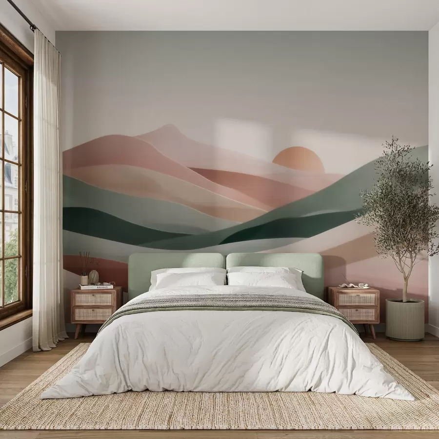 wall murals Abstract desert landscape in a pastel green-pink palette, minimalism w09860