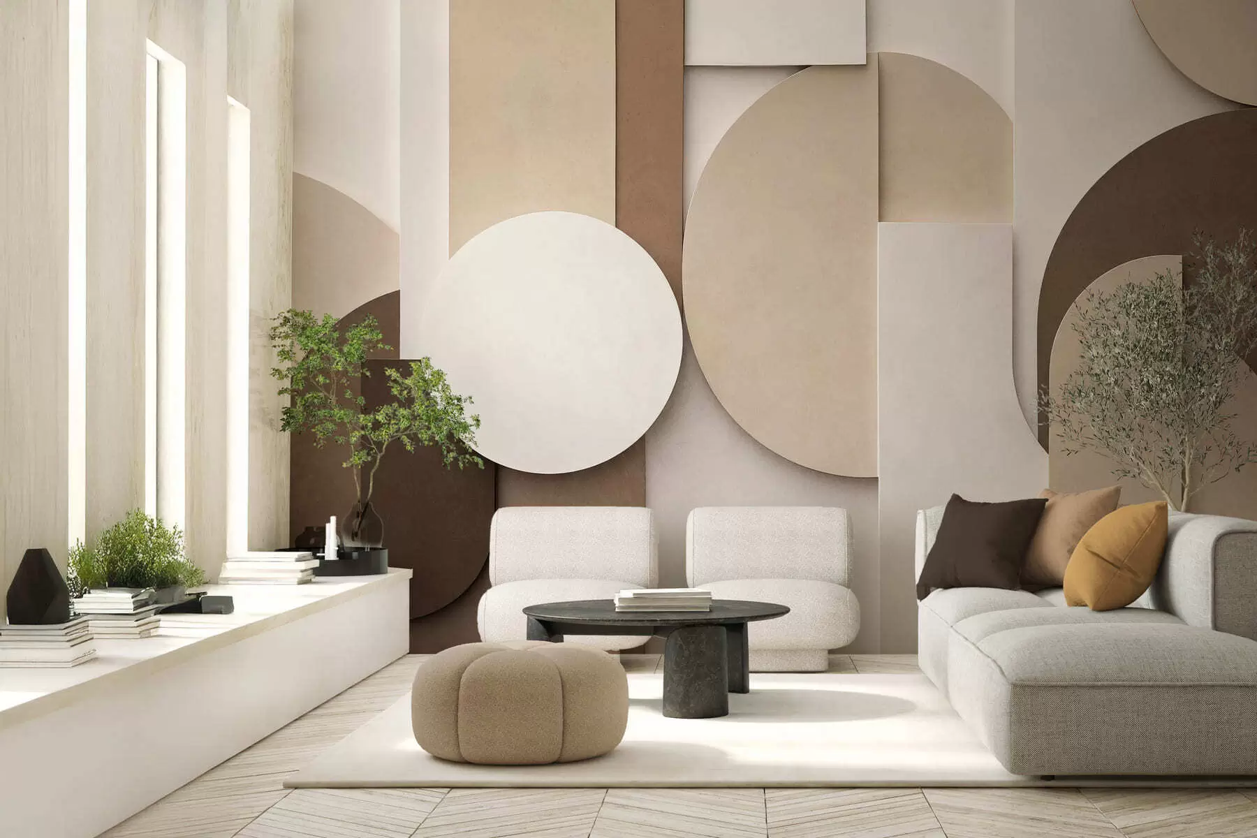 wall murals Textured beige geometric shapes in layered 3D composition, minimalist modern wall art w05598