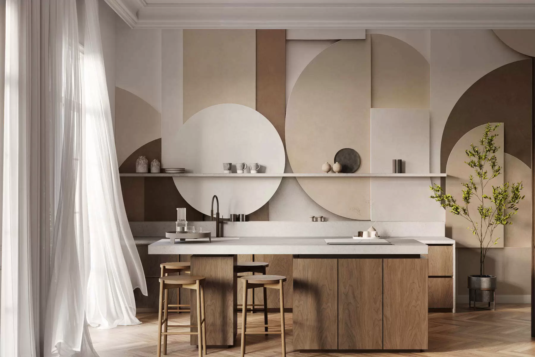 wall murals Textured beige geometric shapes in layered 3D composition, minimalist modern wall art w05598