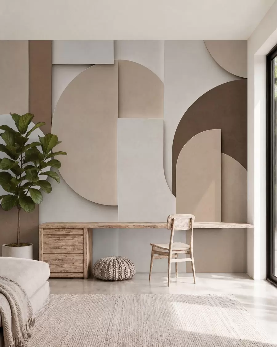 wall murals Textured beige geometric shapes in layered 3D composition, minimalist modern wall art w05598