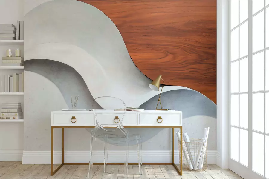 wall murals Flowing abstract waves with warm wood accents, minimalist contemporary design w05599