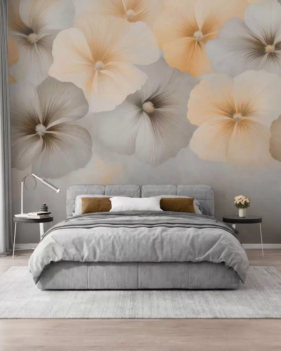 wall murals Soft pastel flowers with creamy yellow and gray tones on a delicate background w05600
