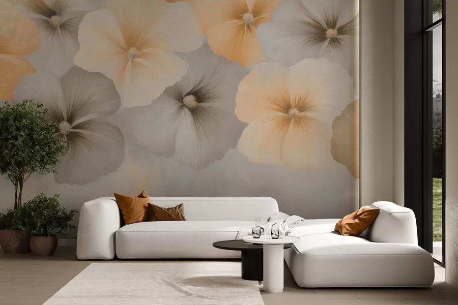 wall murals Soft pastel flowers with creamy yellow and gray tones on a delicate background w05600