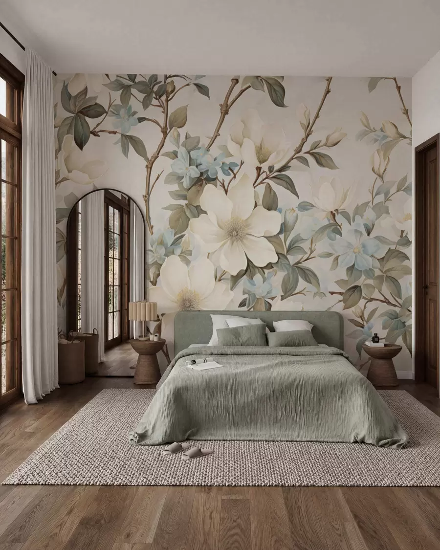 wall murals Delicate flowers and soft green leaves in a painterly vintage style with subtle brushstrokes w05601