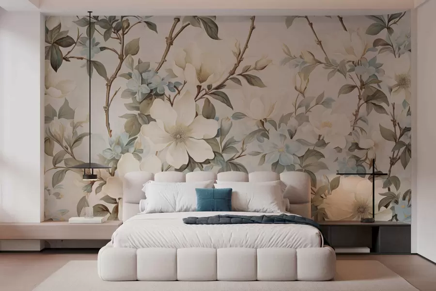 wall murals Delicate flowers and soft green leaves in a painterly vintage style with subtle brushstrokes w05601