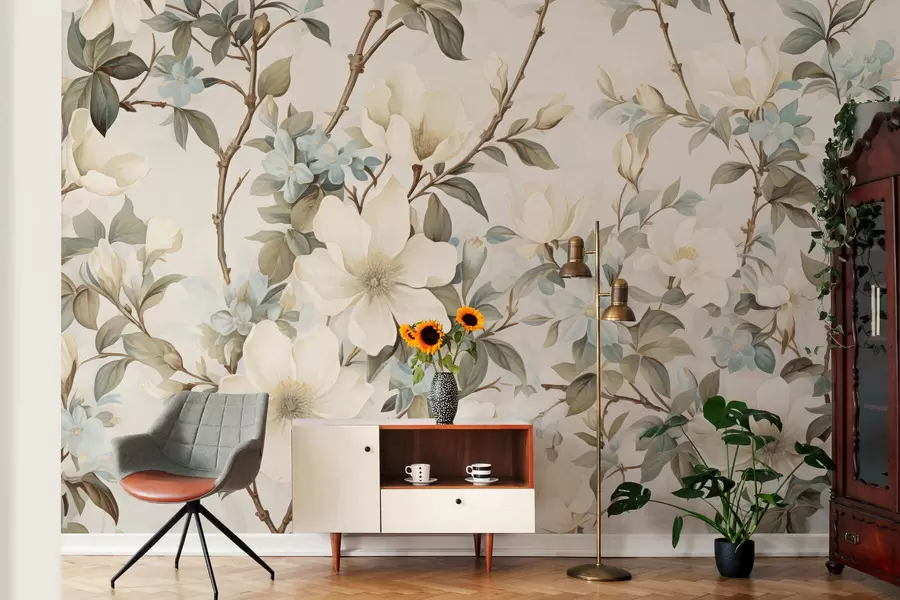 wall murals Delicate flowers and soft green leaves in a painterly vintage style with subtle brushstrokes w05601