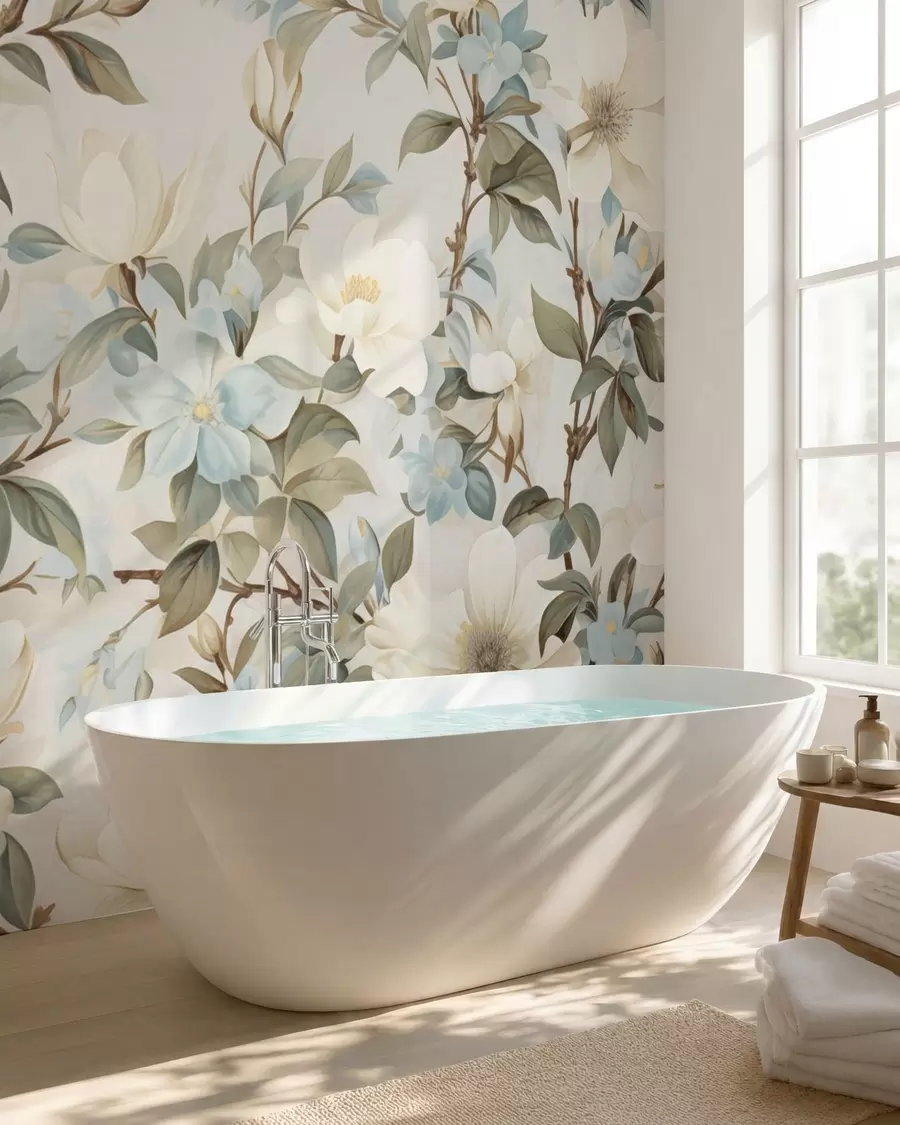 wall murals Delicate flowers and soft green leaves in a painterly vintage style with subtle brushstrokes w05601