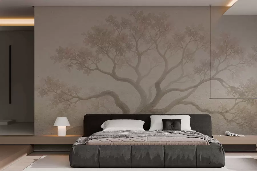 wall murals Minimalist misty tree landscape in soft beige tones, dreamy atmospheric art w05602