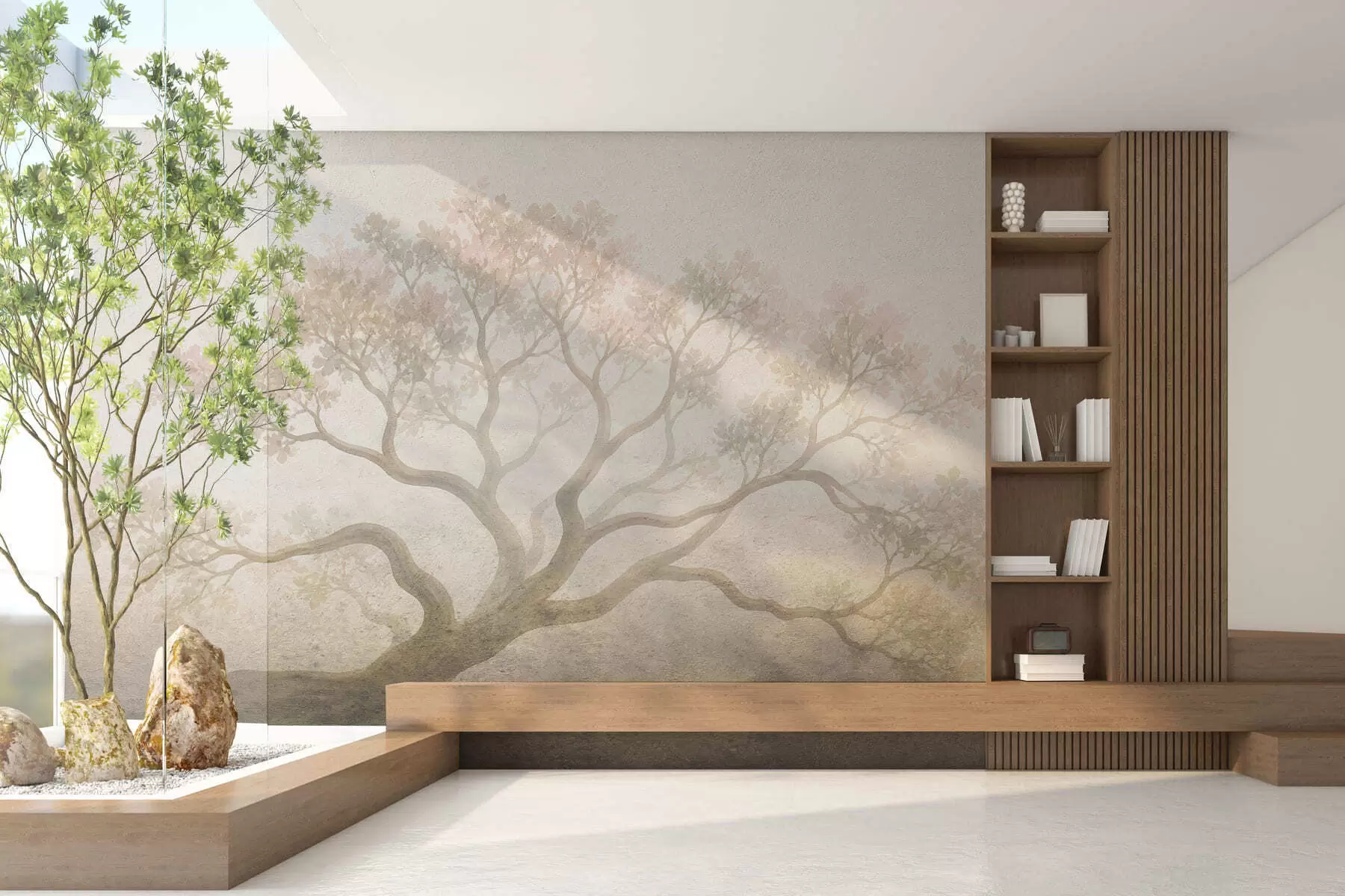 wall murals Minimalist misty tree landscape in soft beige tones, dreamy atmospheric art w05602