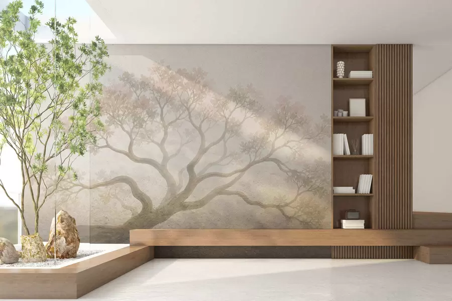 wall murals Minimalist misty tree landscape in soft beige tones, dreamy atmospheric art w05602