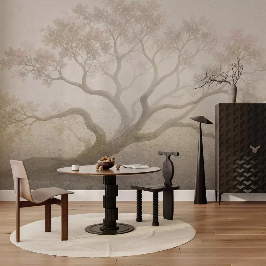 wall murals Minimalist misty tree landscape in soft beige tones, dreamy atmospheric art w05602