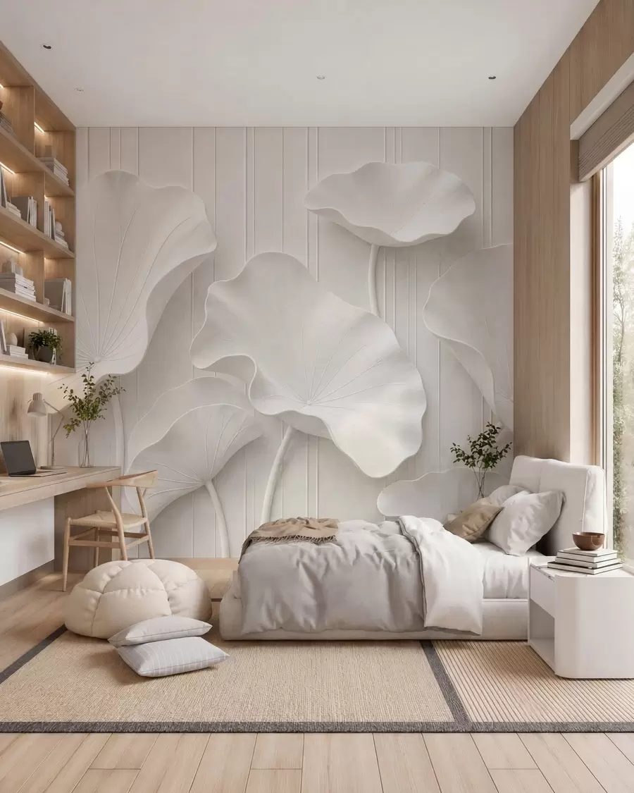 wall murals White sculptural floral relief with layered petals, elegant 3D wall art w05604
