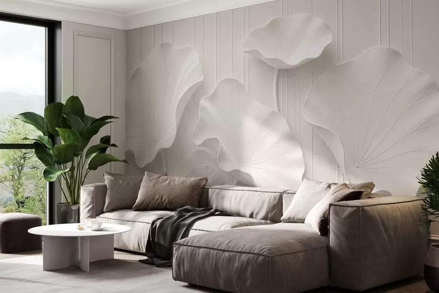 wall murals White sculptural floral relief with layered petals, elegant 3D wall art w05604