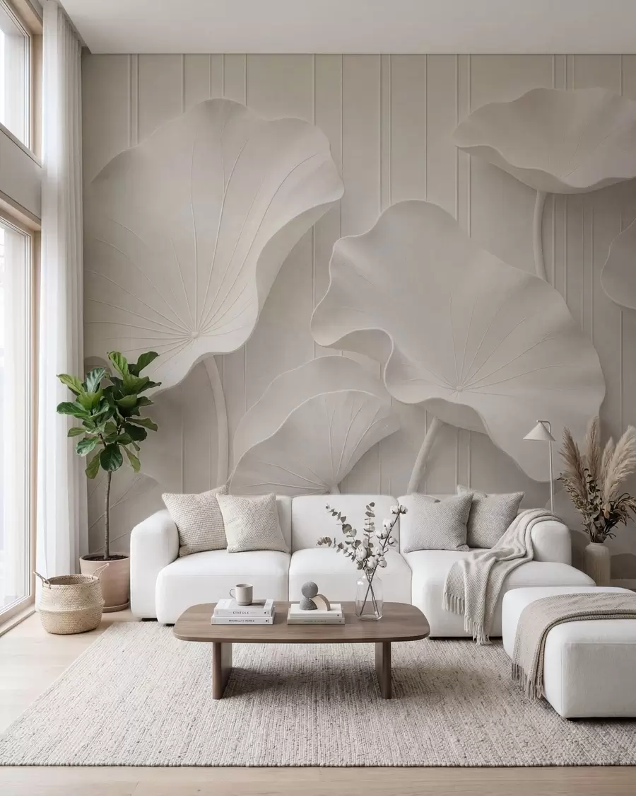 wall murals White sculptural floral relief with layered petals, elegant 3D wall art w05604