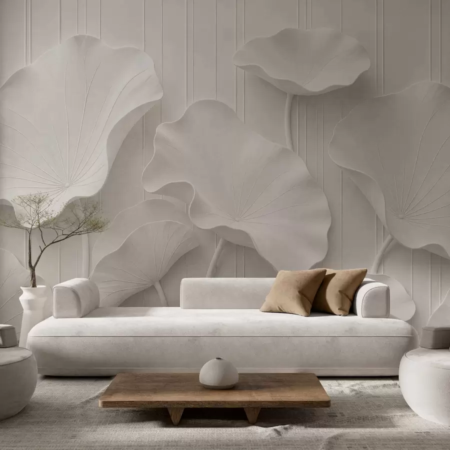 wall murals White sculptural floral relief with layered petals, elegant 3D wall art w05604