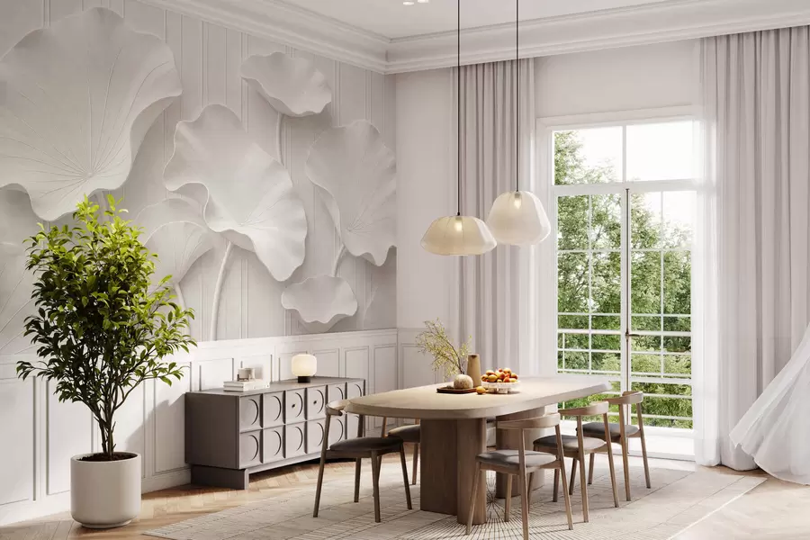 wall murals White sculptural floral relief with layered petals, elegant 3D wall art w05604