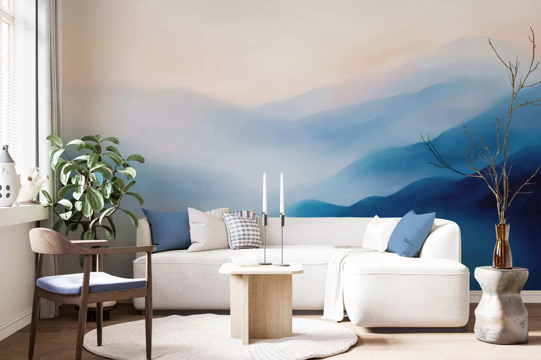wall murals Soft blue watercolor mountains with dreamy gradients and atmospheric depth w05605
