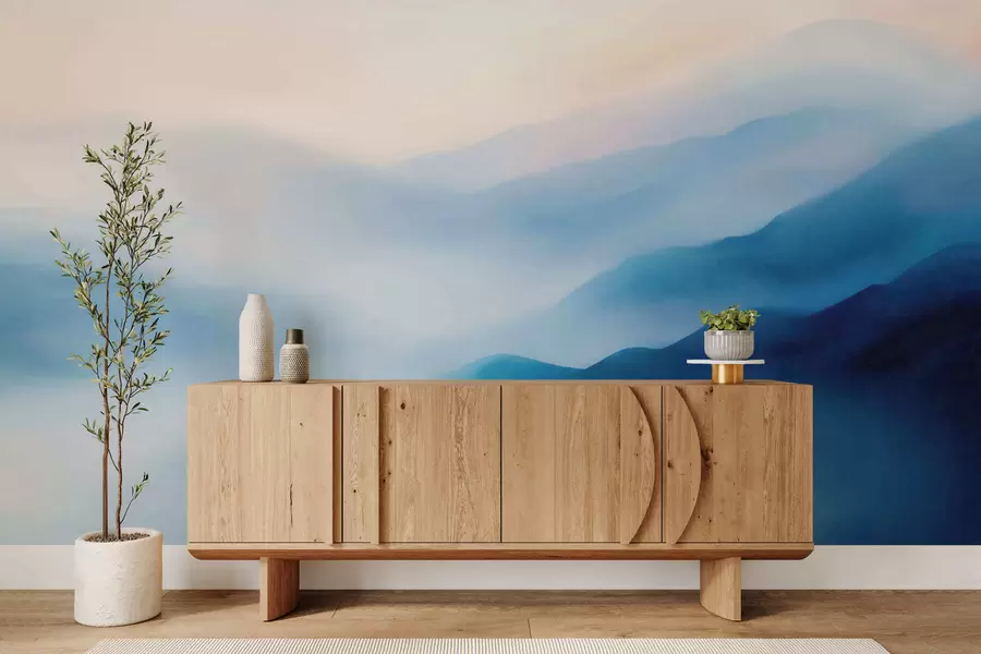 wall murals Soft blue watercolor mountains with dreamy gradients and atmospheric depth w05605