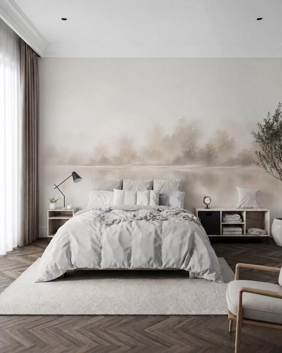wall murals Minimalist foggy landscape with delicate reflections in warm neutral tones w05606