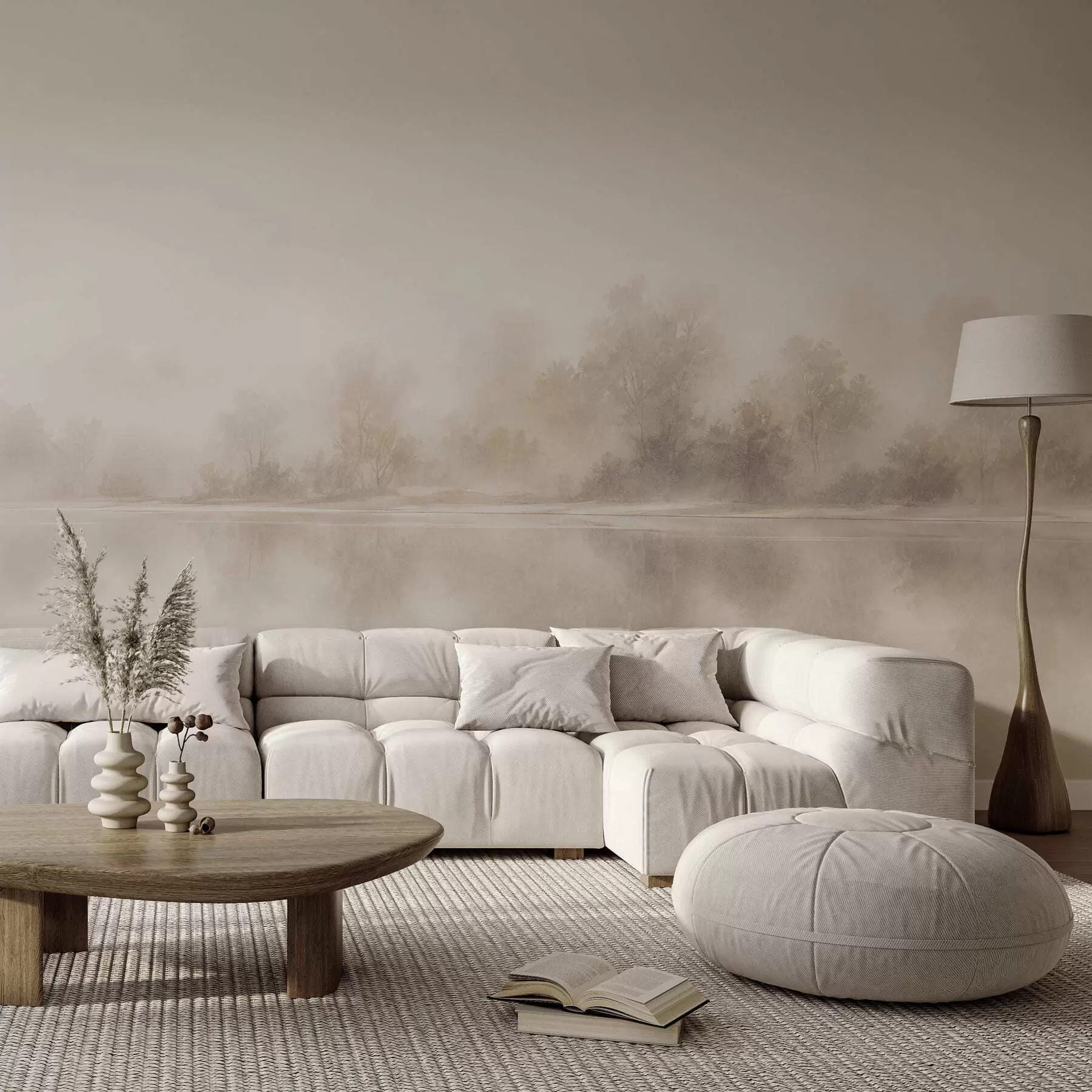 wall murals Minimalist foggy landscape with delicate reflections in warm neutral tones w05606