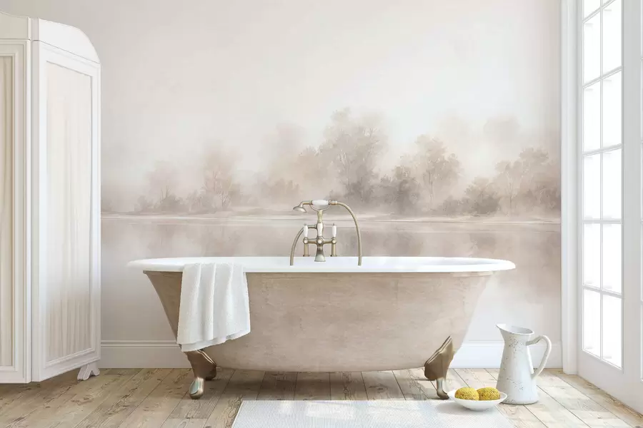 wall murals Minimalist foggy landscape with delicate reflections in warm neutral tones w05606