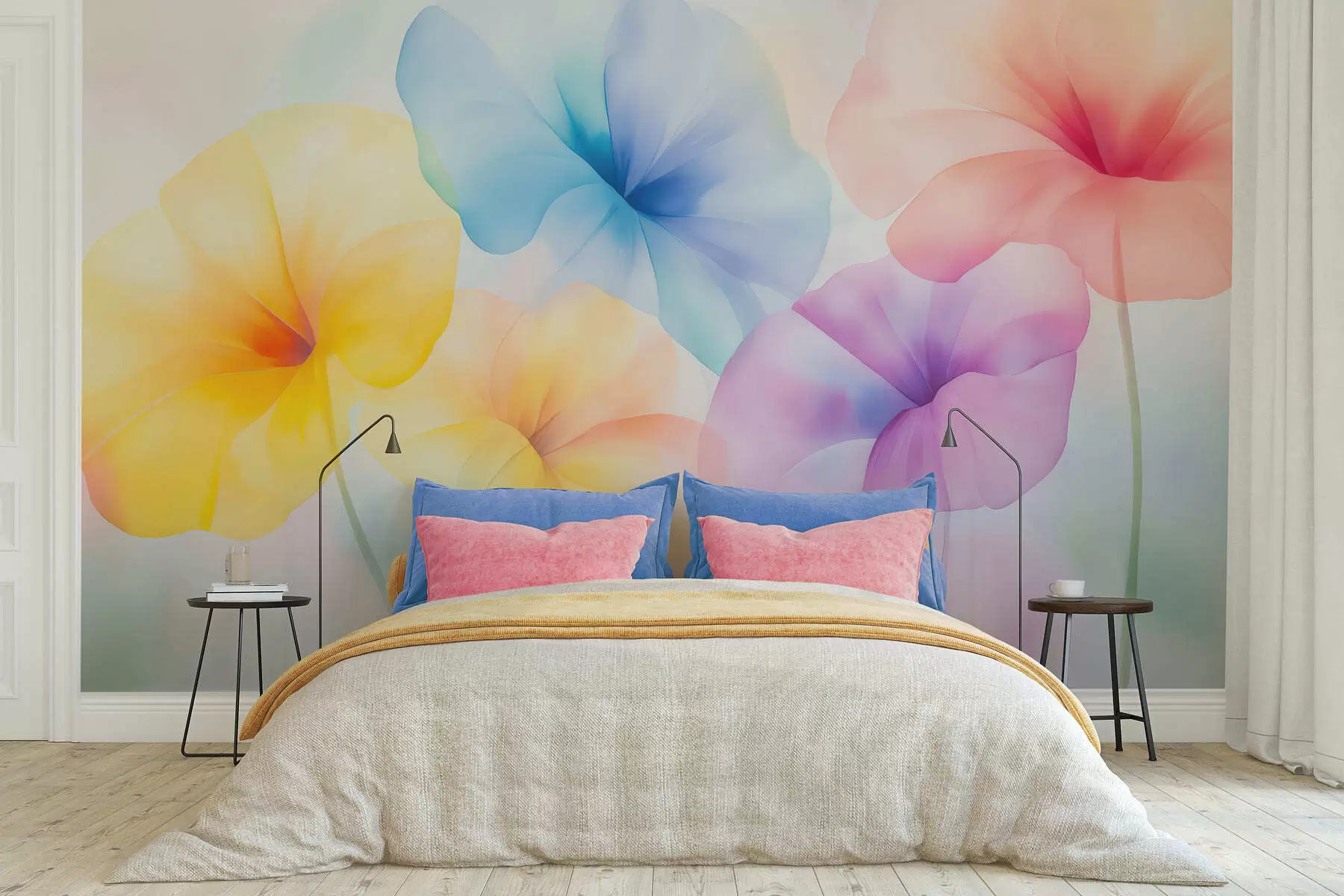 wall murals Colorful translucent flowers in soft pastel shades with a dreamy watercolor effect w05607