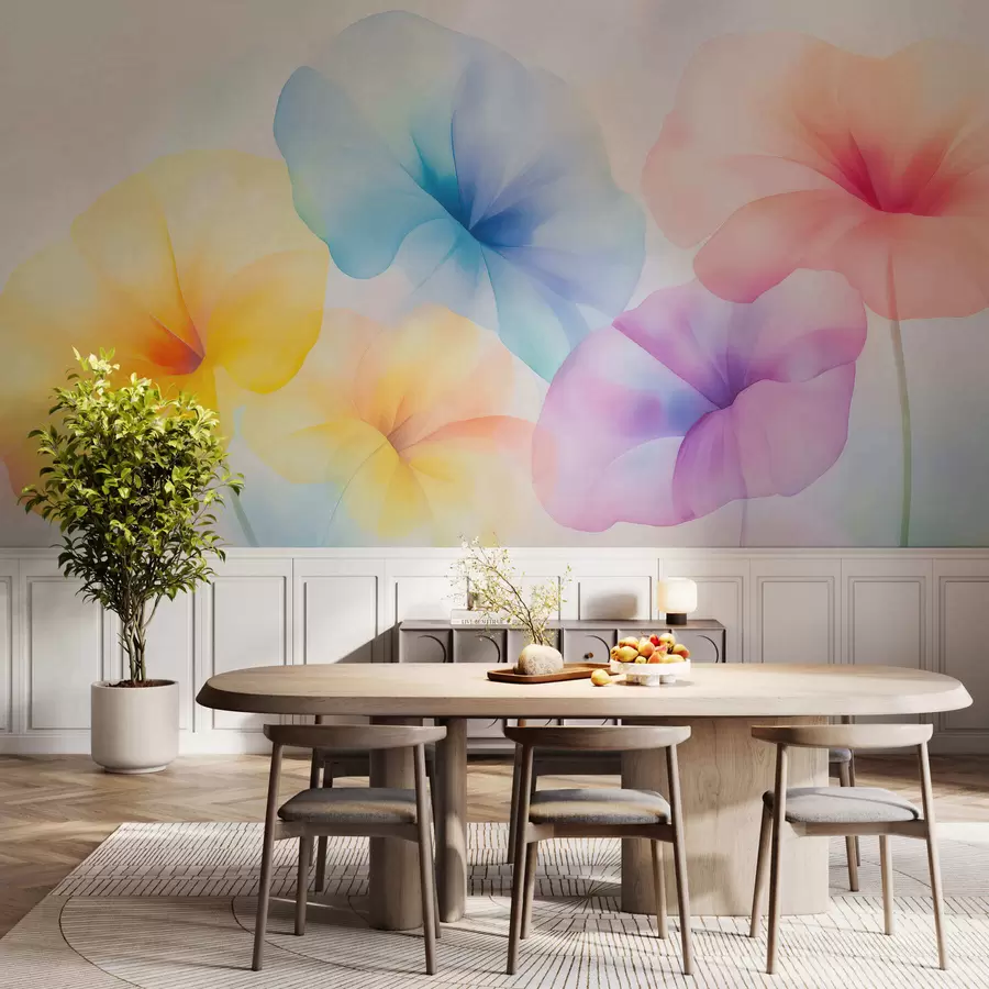wall murals Colorful translucent flowers in soft pastel shades with a dreamy watercolor effect w05607