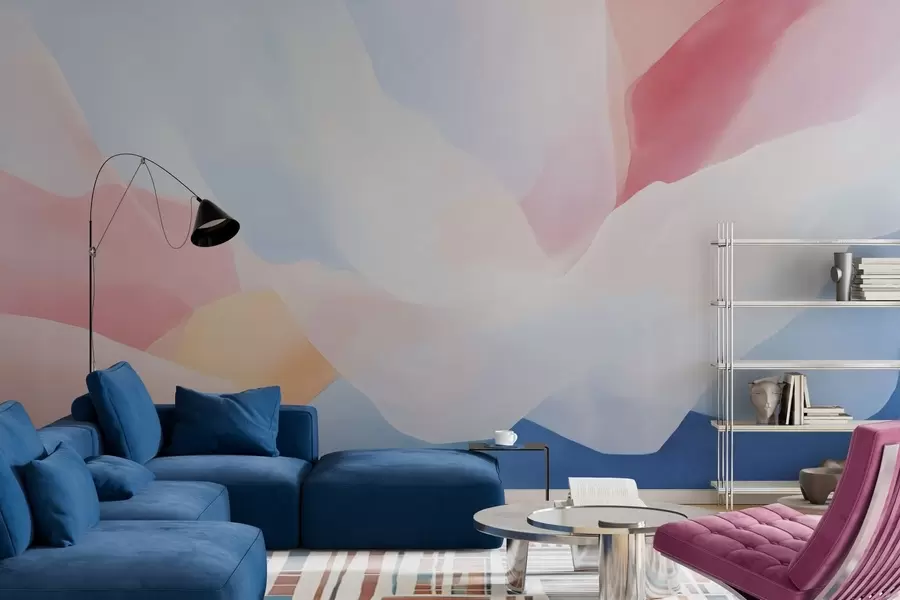 wall murals Abstract pastel waves with soft pink and blue gradients in watercolor style w05609