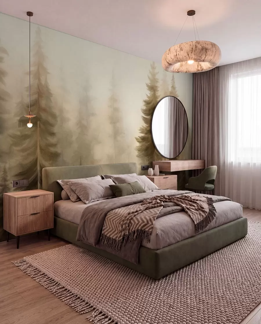 wall murals A dense forest with tall pine trees in a light fog, textured landscape art w09830