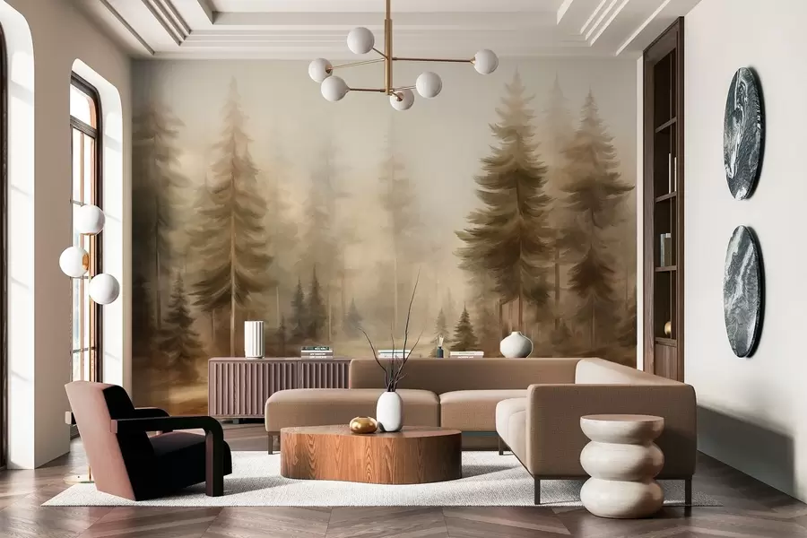 wall murals A dense forest with tall pine trees in a light fog, textured landscape art w09830