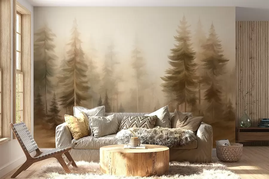 wall murals A dense forest with tall pine trees in a light fog, textured landscape art w09830