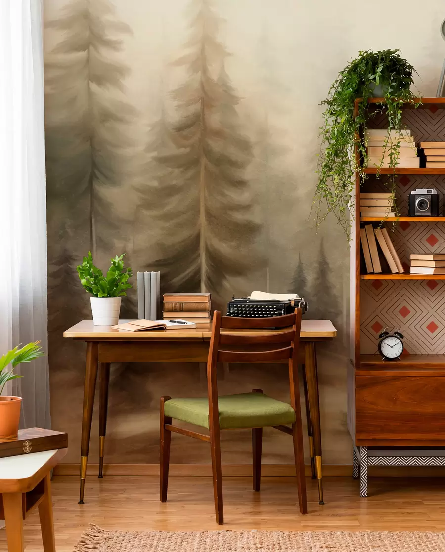 wall murals A dense forest with tall pine trees in a light fog, textured landscape art w09830