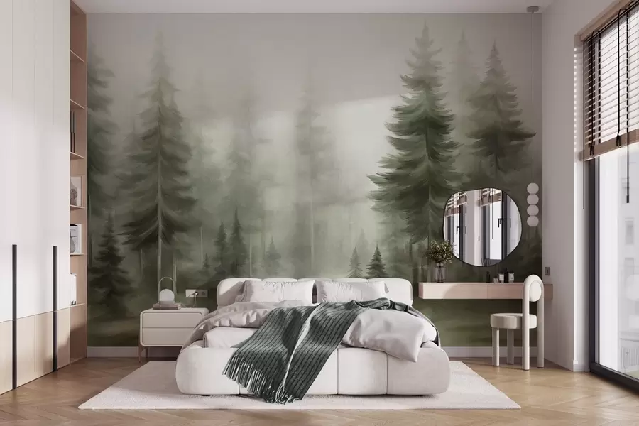 wall murals A dense forest with tall pine trees in a light fog, textured landscape art w09830v1