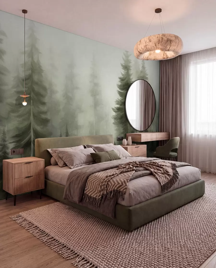 wall murals A dense forest with tall pine trees in a light fog, textured landscape art w09830v1