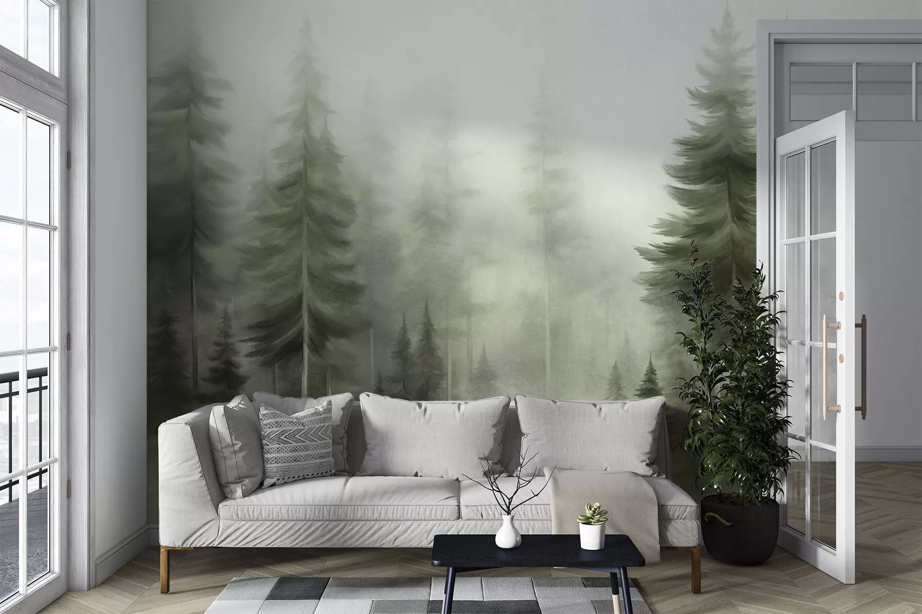 wall murals A dense forest with tall pine trees in a light fog, textured landscape art w09830v1