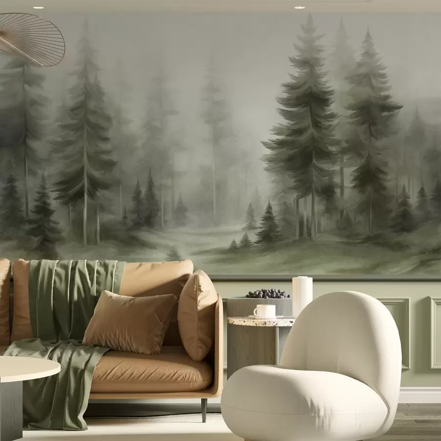 wall murals A dense forest with tall pine trees in a light fog, textured landscape art w09830v1