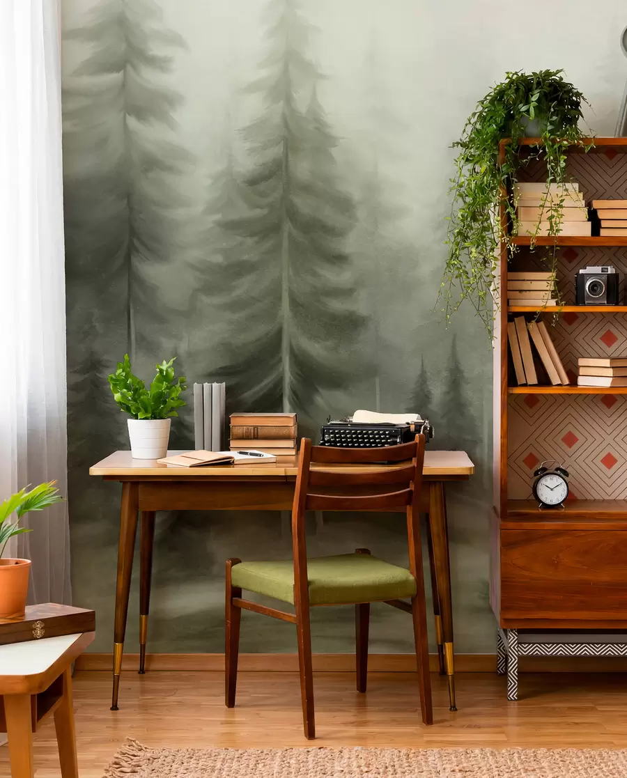 wall murals A dense forest with tall pine trees in a light fog, textured landscape art w09830v1