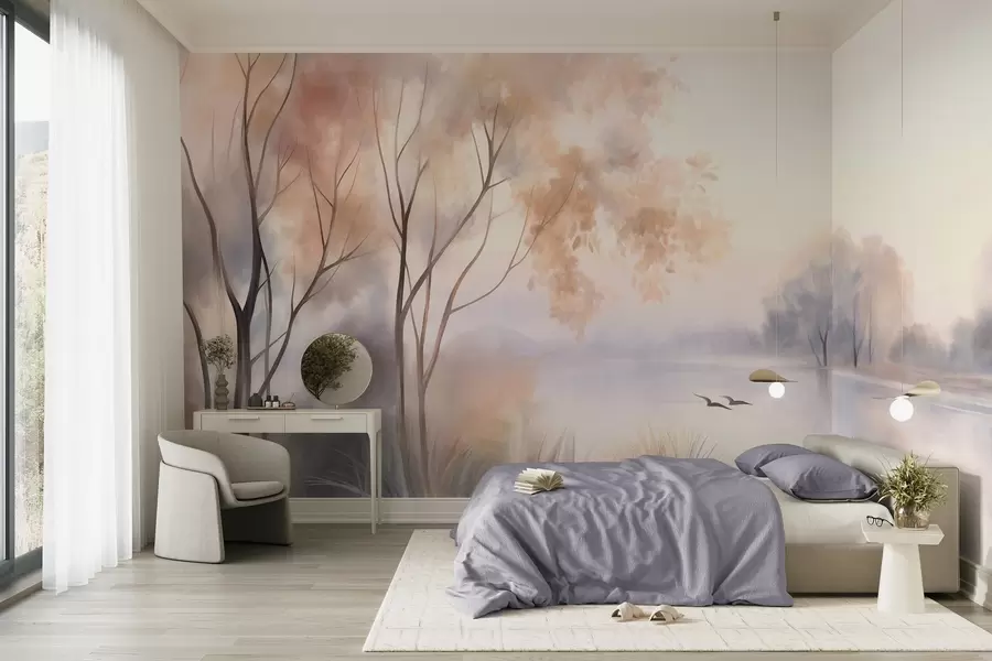 wall murals Landscape, a misty lake with trees and reeds, birds flying, textured watercolor painting style w09866