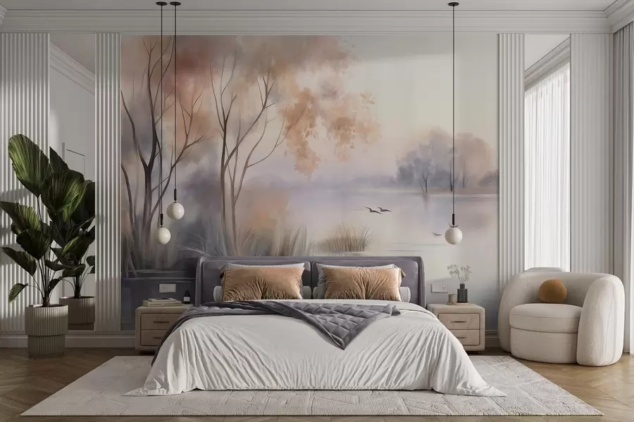 wall murals Landscape, a misty lake with trees and reeds, birds flying, textured watercolor painting style w09866