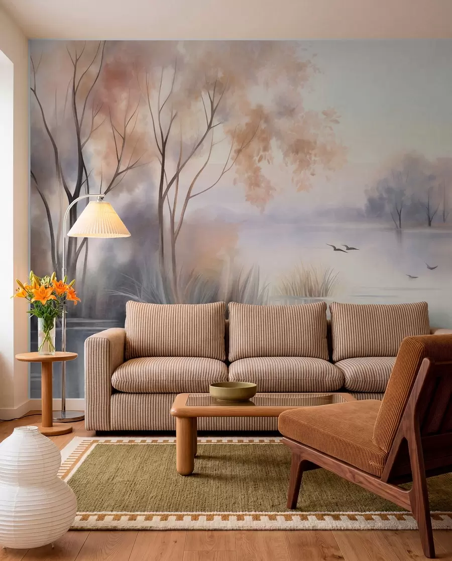 wall murals Landscape, a misty lake with trees and reeds, birds flying, textured watercolor painting style w09866