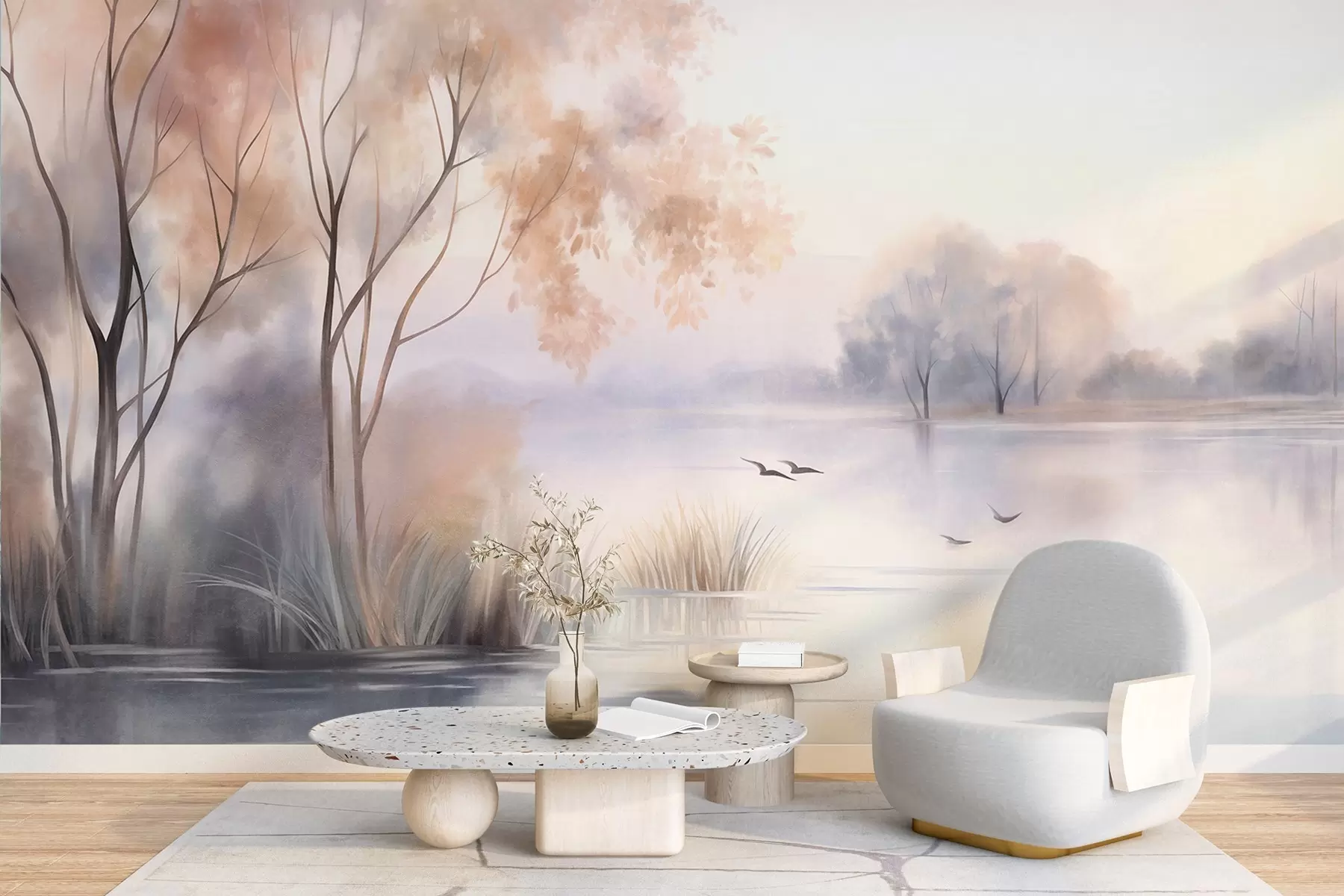 wall murals Landscape, a misty lake with trees and reeds, birds flying, textured watercolor painting style w09866