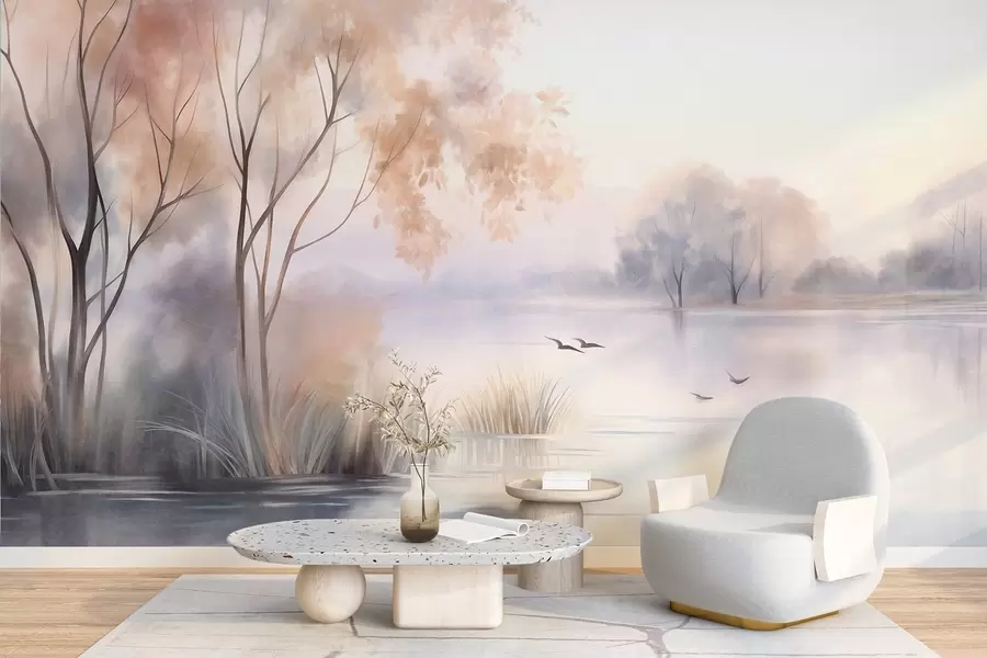 wall murals Landscape, a misty lake with trees and reeds, birds flying, textured watercolor painting style w09866