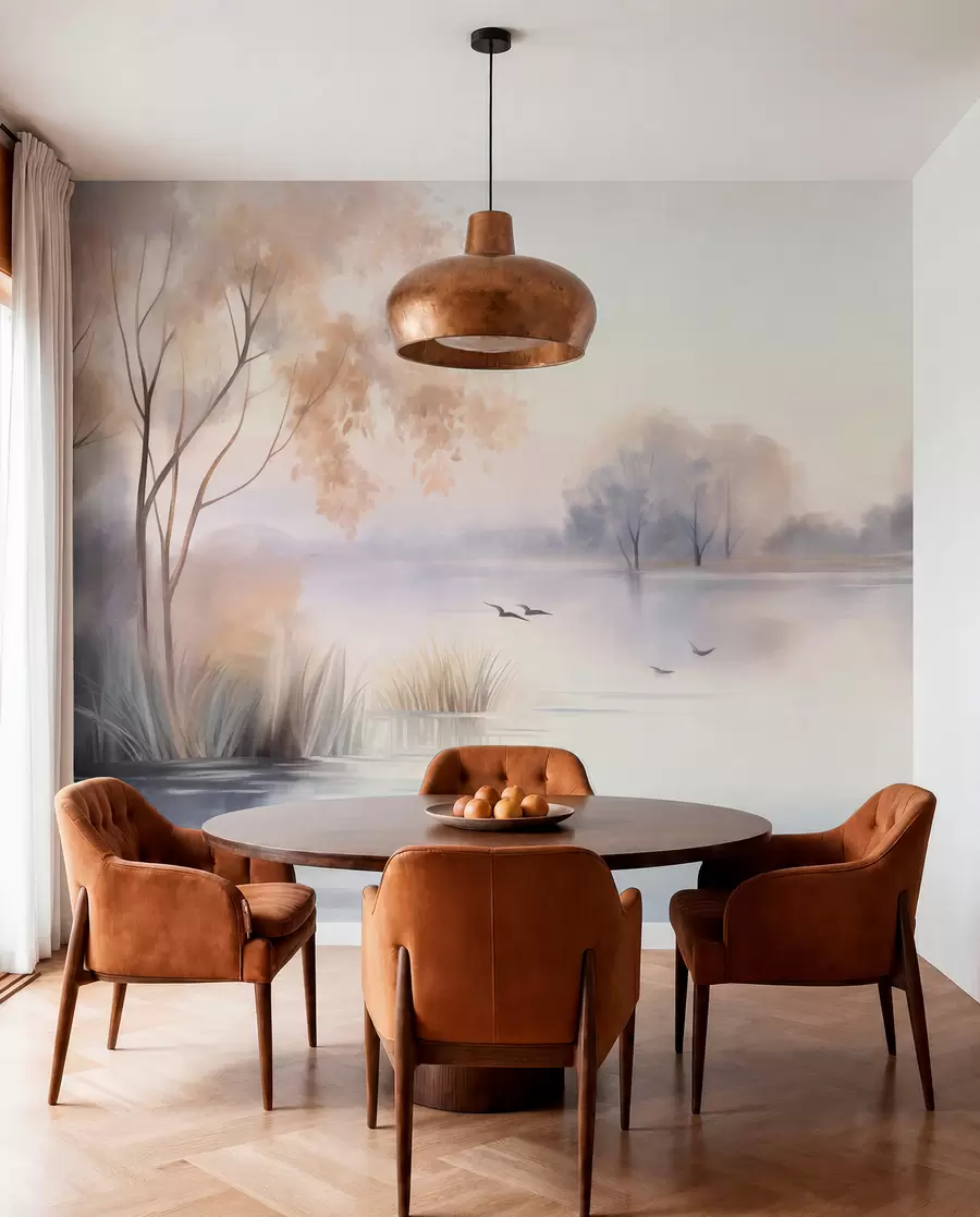 wall murals Landscape, a misty lake with trees and reeds, birds flying, textured watercolor painting style w09866