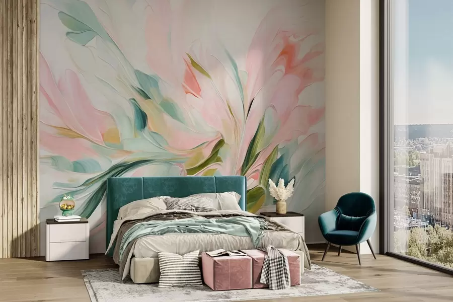 wall murals Abstract floral painting style with soft pastel brushstrokes on a light background w09871