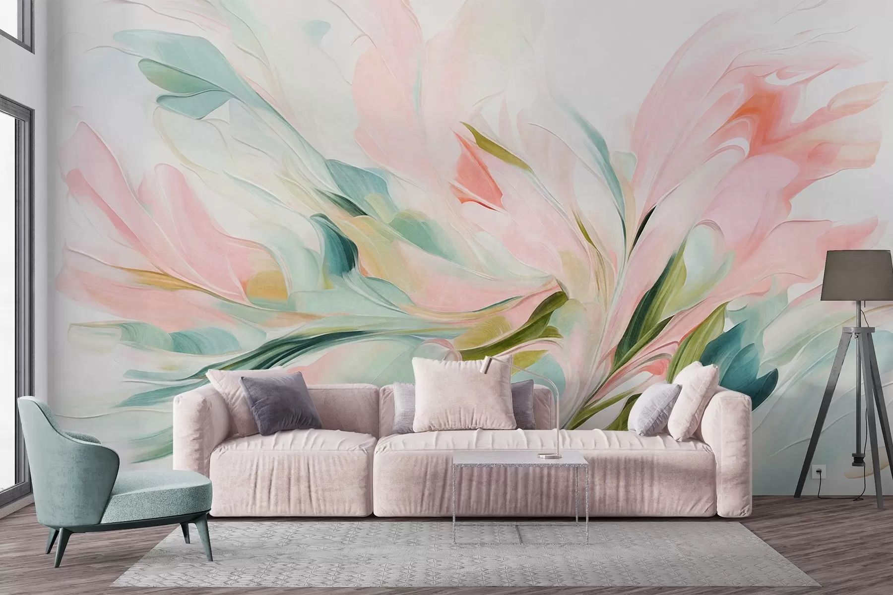 wall murals Abstract floral painting style with soft pastel brushstrokes on a light background w09871