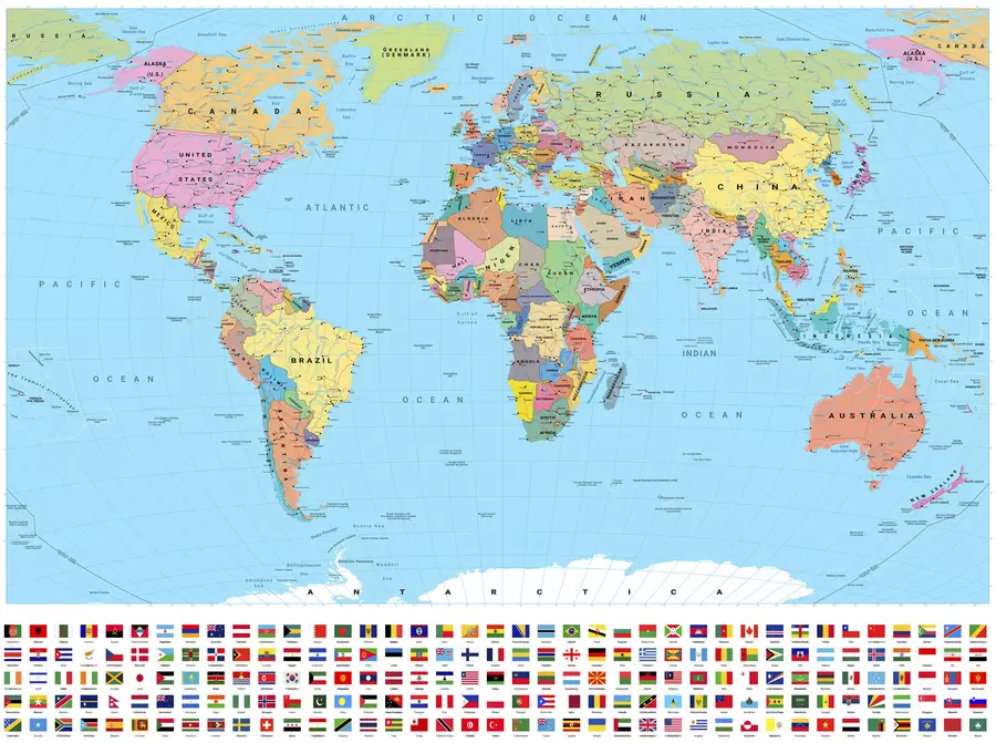 wall murals A color political map of the world with flags, in English c00004en