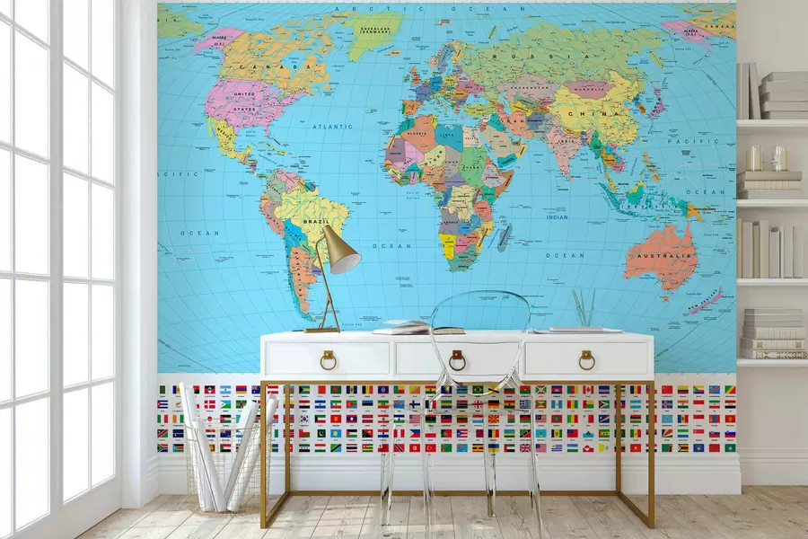 wall murals A color political map of the world with flags, in English c00004en