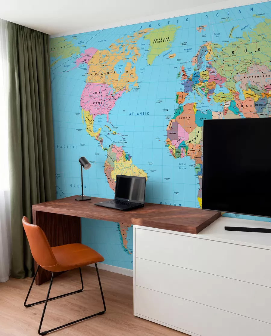 wall murals A color political map of the world with flags, in English c00004en