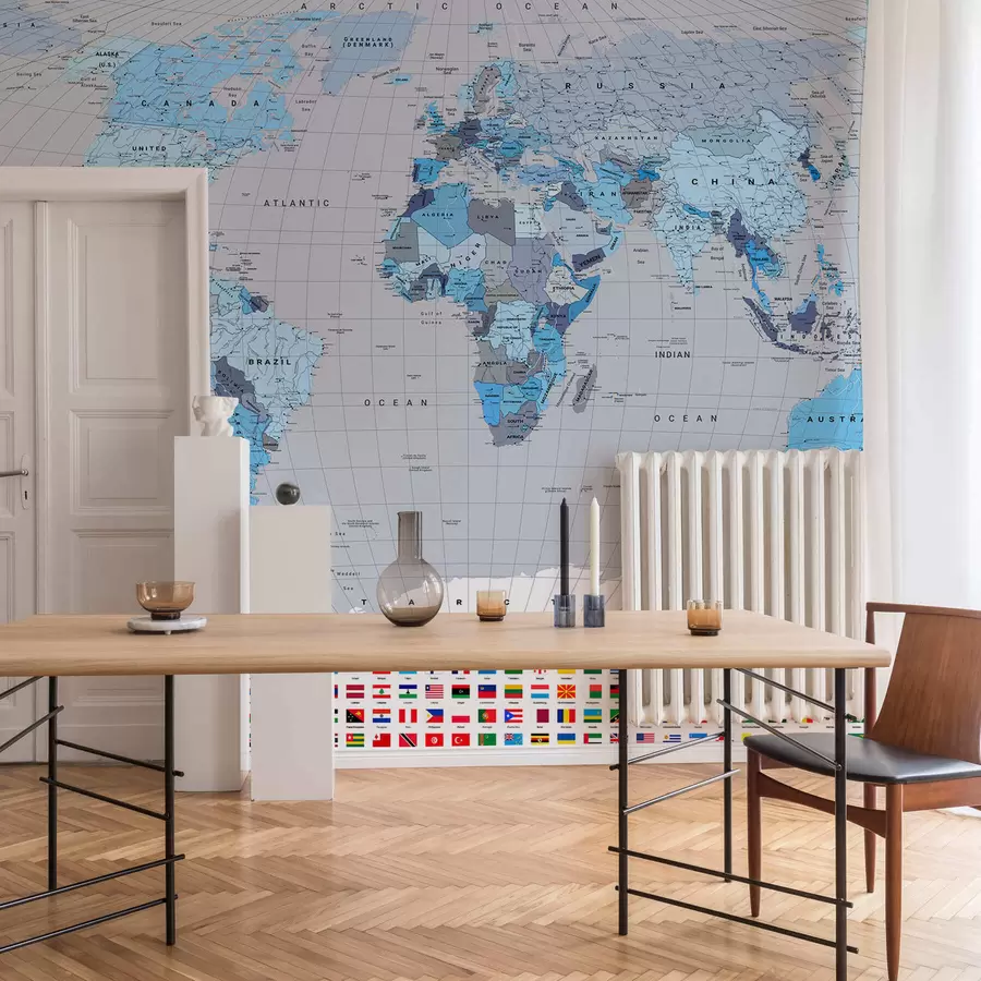 wall murals A political map of the world with flags in shades of blue, in English c00004env3
