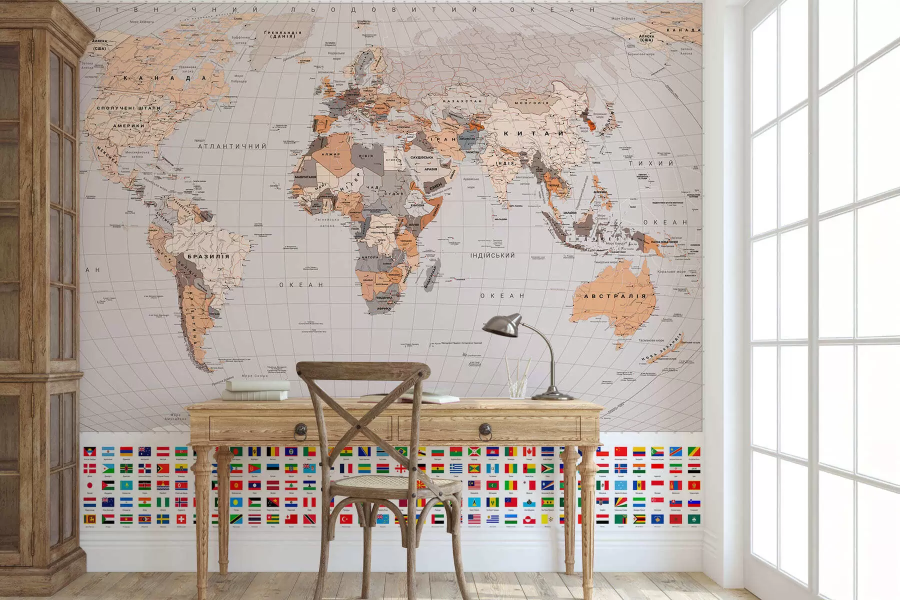 wall murals A political map of the world featuring flags in shades of brown and beige, in Ukrainian c00004ukv2
